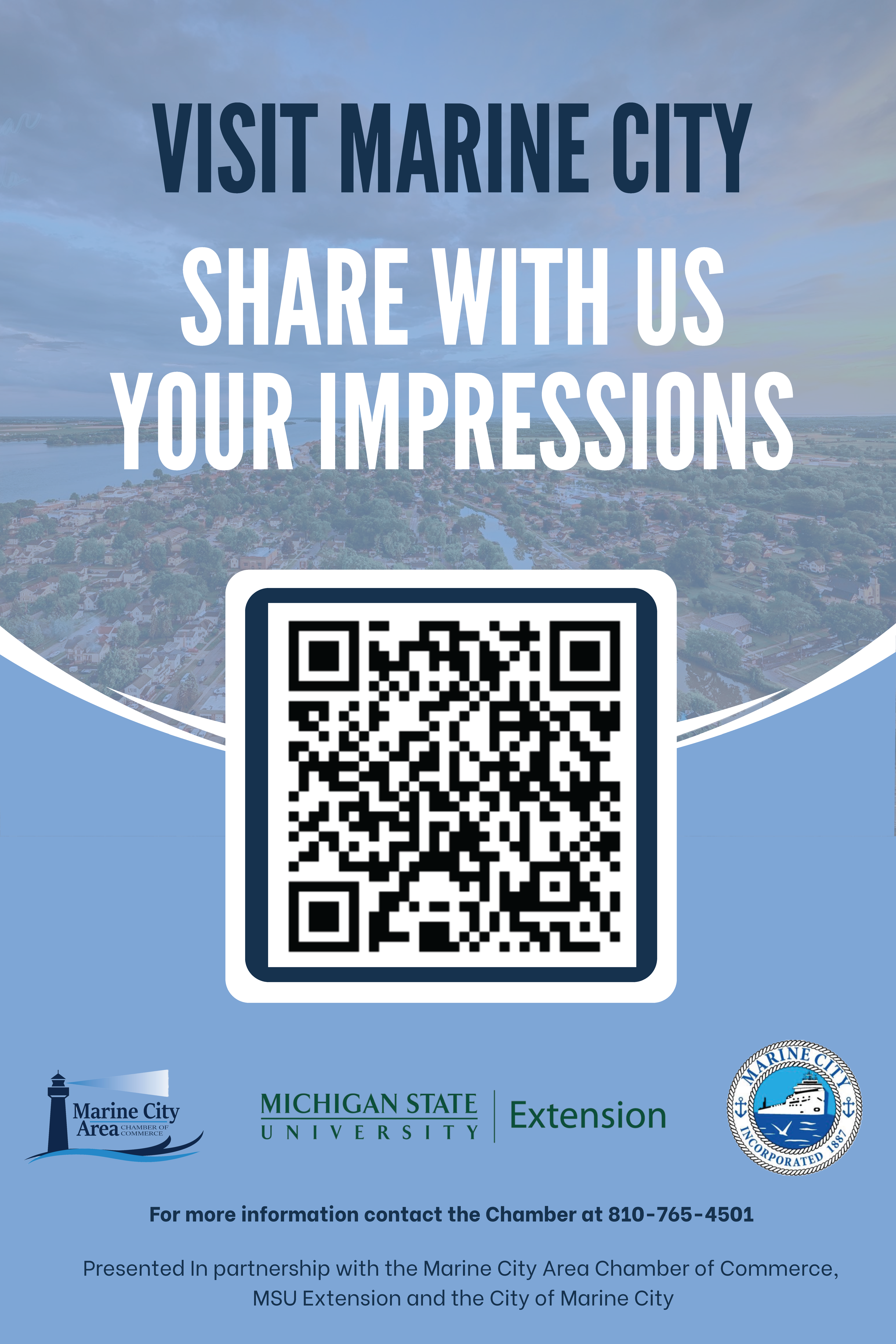 For decorative purposes. Example of sign with QR code to FIT 2.0 survey displayed around the Marine City community. 
